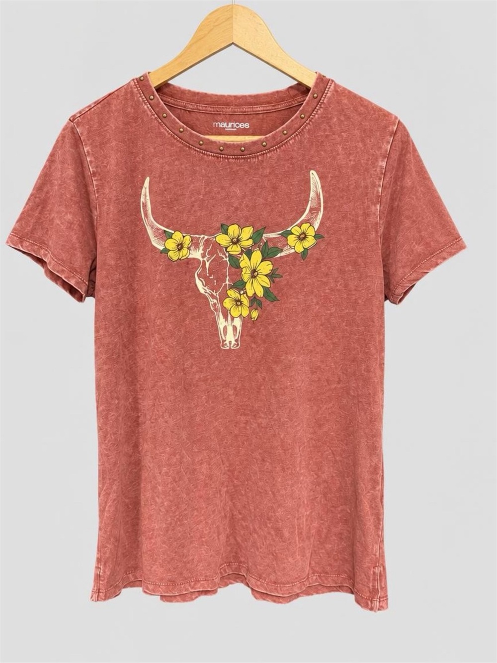 Maurices Rust-Red Short Sleeve Tee with Floral Bull Skull